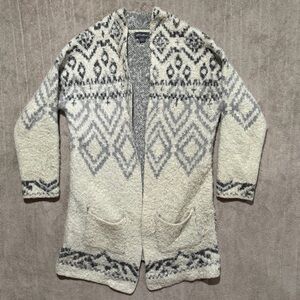 Eddie Bauer Cream Gray Fuzzy Sweater Knit Open Cardigan Aztec Comfy Women’s Med